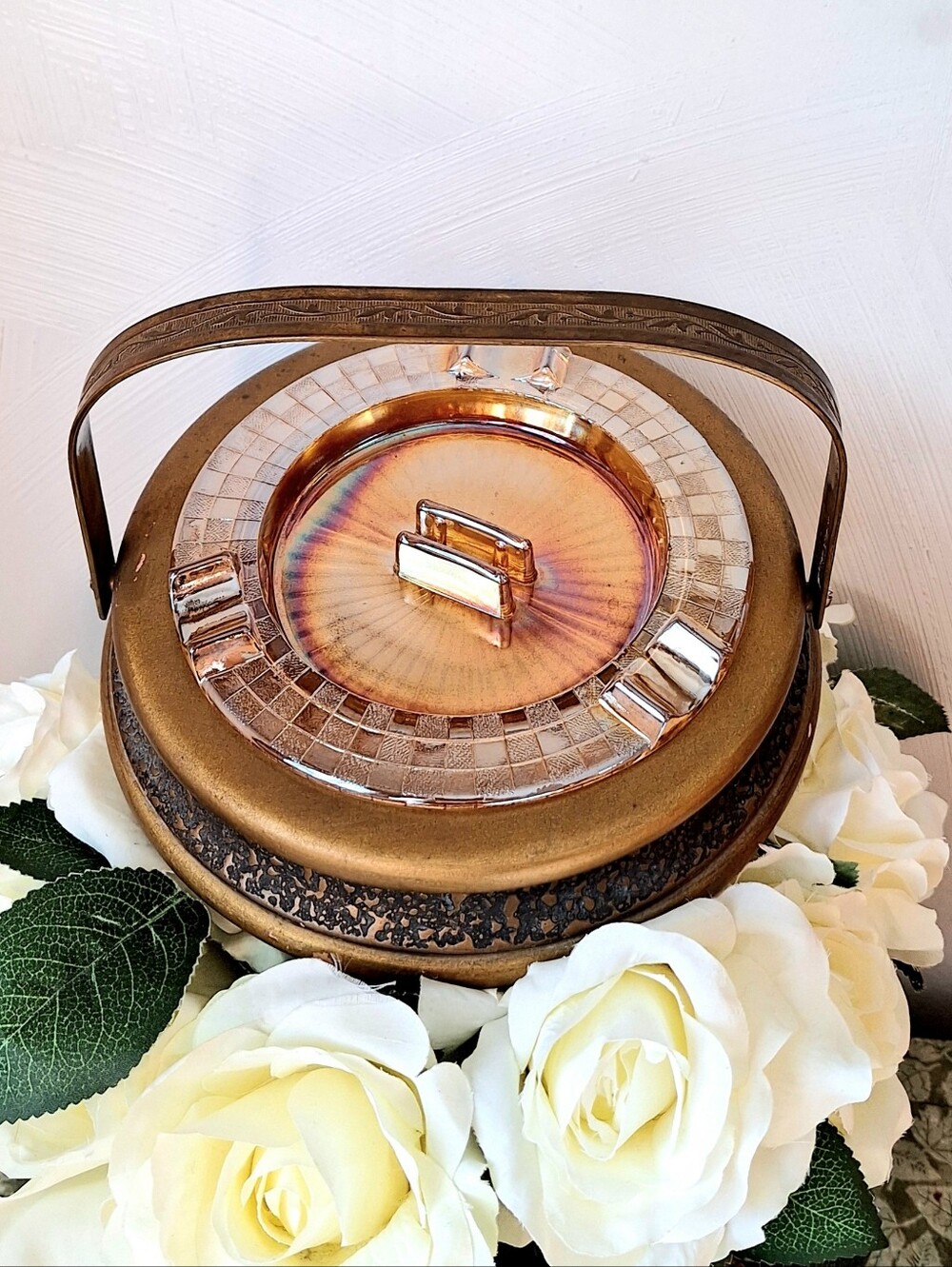 Antique 1930s Carnival Glass Ashtray & Wood Stand with Swivel Brass Handle